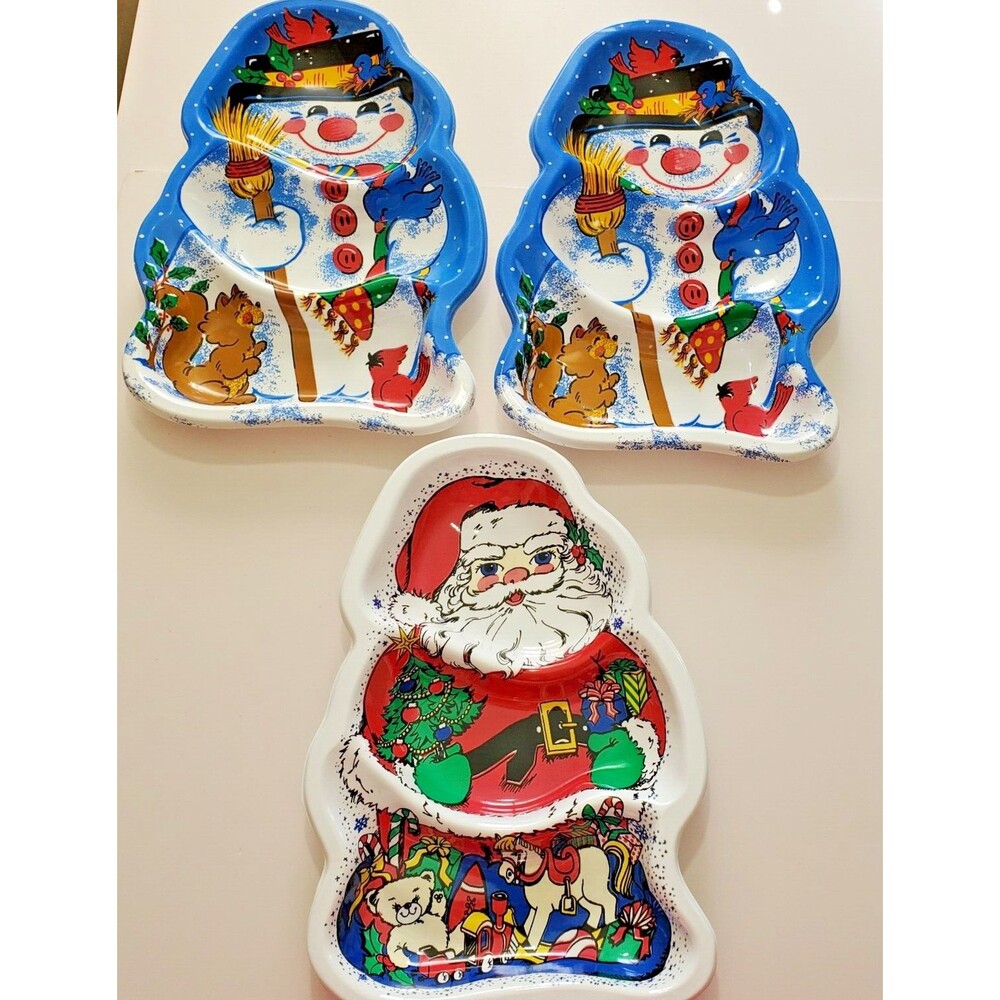 Vintage Serving Bowls set 3 Molded Plastic Santa Snowman Christmas Holiday Party